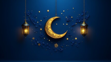 Golden Crescent Moon with Lanterns and Stars