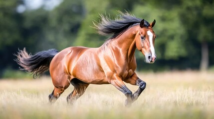 Obraz premium A brown horse galloping gracefully across a grassy field.