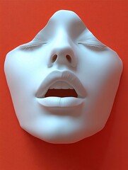 Artistic white sculpture of a serene female face mounted on a vibrant orange background showcasing modern design aesthetics