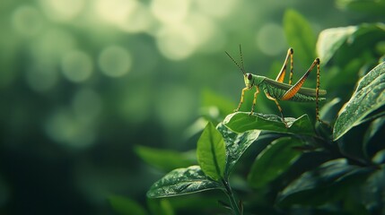 Close-Up of a Vibrant Green Grasshopper Perched on Lush Green Leaves Surrounded by Gentle Nature Light in a Calm Outdoor Setting