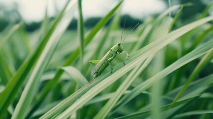 Fototapeta premium Close-Up of a Bright Green Grasshopper on Vibrant Green Grass Among Soft Focus Backgrounds of Nature and Foliage in a Serene Outdoor Setting