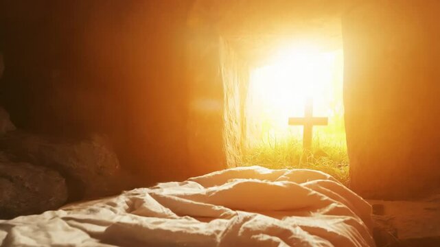 Resurrection of Jesus Christ. Tomb empty with shroud and crucifixion at sunrise with abstract magic lights. Easter concept.
