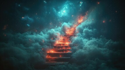 Obraz premium Fiery staircase ascending through mystical clouds and starry night sky.