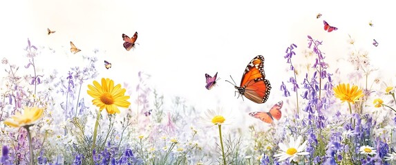 Naklejka premium A field of wildflowers, daisies and bluebells with butterflies in the spring background