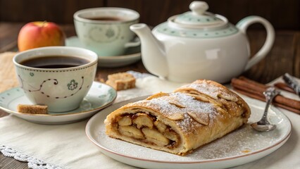 Delightful apple strudel served with coffee beside a charming teapot in a cozy setting