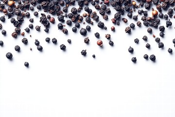 Black Peppercorns Scattered on White Background