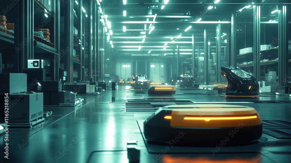 Poster futuristic warehouse with autonomous robots for efficient transport