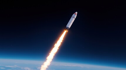 A rocket launching into space, emitting flames and smoke.