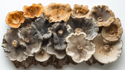 Close-up of various dried mushrooms arranged on wood.