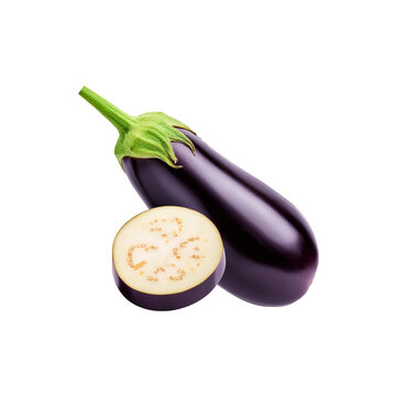 Fresh whole brinjal vegetable with slice on transparent background