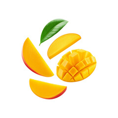 Falling ripe mango slices with green leaf on transparent background