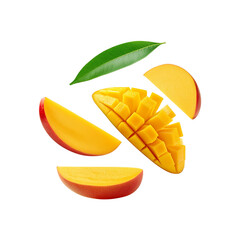 Falling ripe mango slices with leaf on transparent background