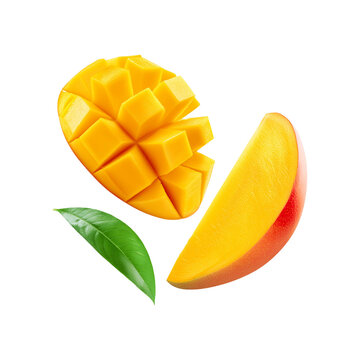 Fresh ripe mango slices with green leaf on transparent background