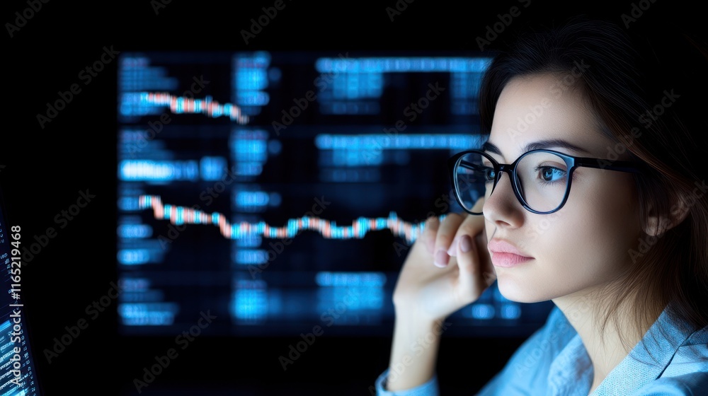 Aufkleber woman analyzing data on a computer screen in a dark environment.