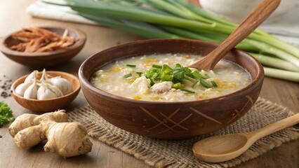 Warm and comforting arroz caldo served in a rustic bowl with green onions and ginger on a wooden table