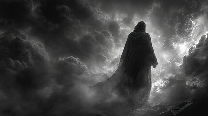 Obraz premium Figure stands amidst storm clouds, shrouded in mystery.
