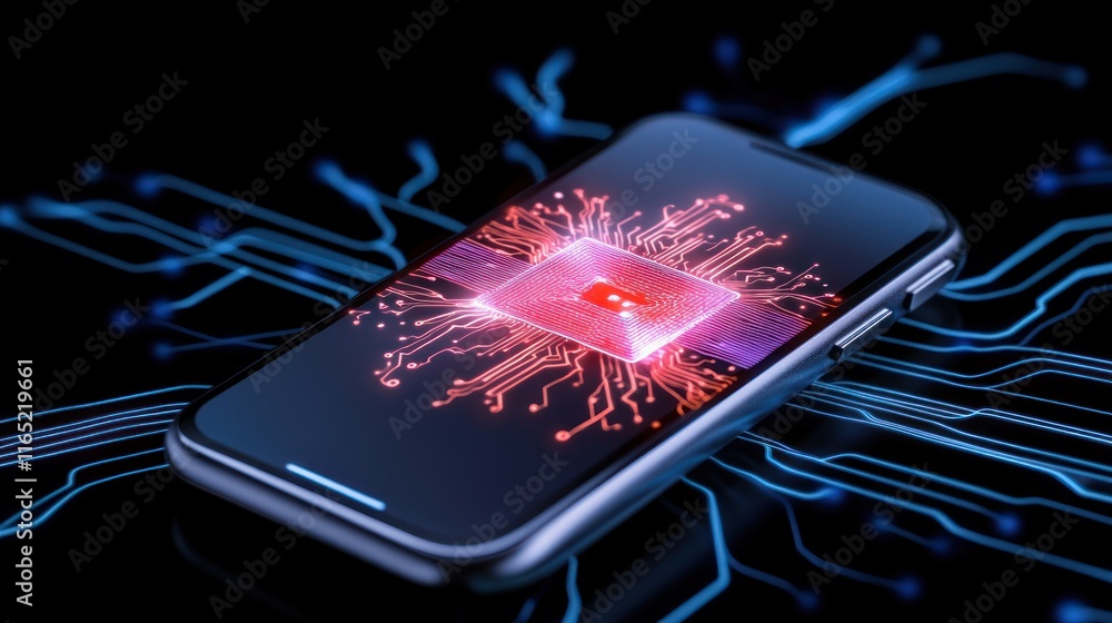 Poster smartphone with a glowing microchip and circuit design.