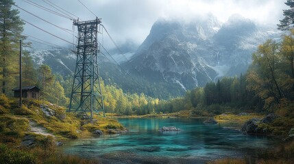 Misty mountain lake with power lines and autumn foliage.
