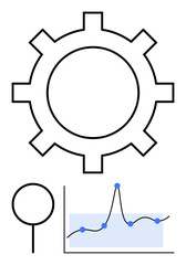 Gear with graph line symbolizing growth innovation mechanics. Circle pin highlights data point importance. Ideal for tech, industry, business growth, analytics, engineering, problem solving. Line