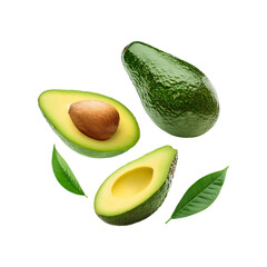 Sliced avocado fruit with leaf on transparent background