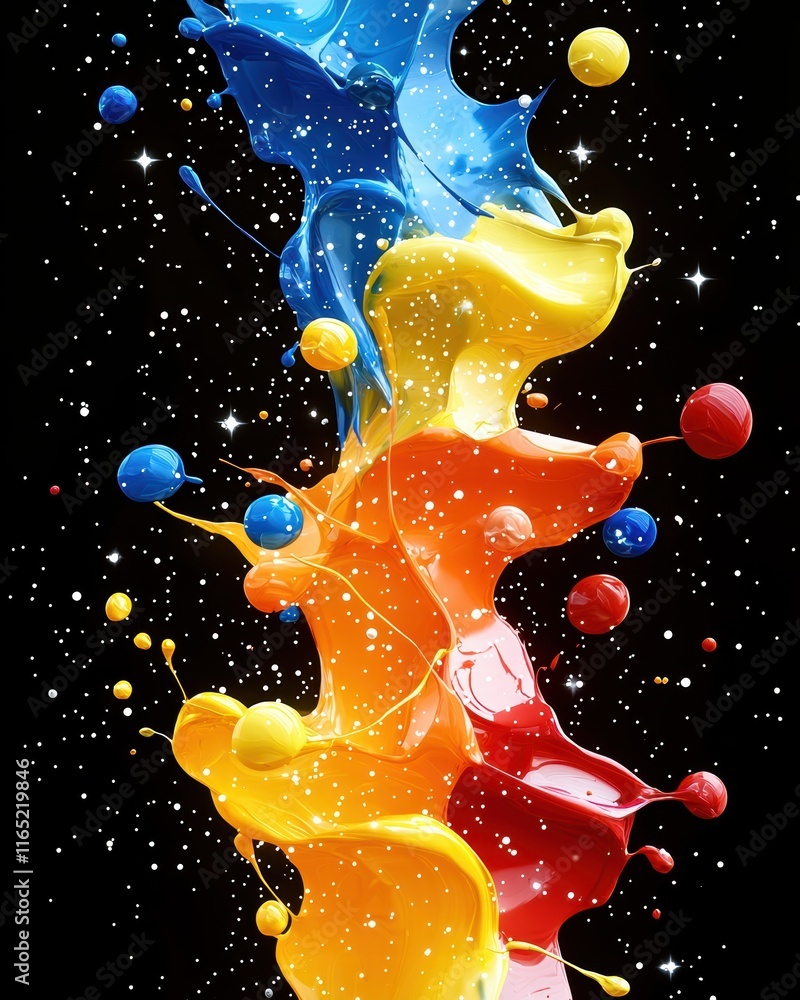 Poster dynamic splash of colorful paints creative studio abstract art dark background close-up view express