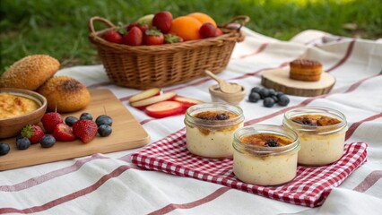 Savoring sweet arroz doce at a sunny picnic amidst fresh fruits and delightful treats