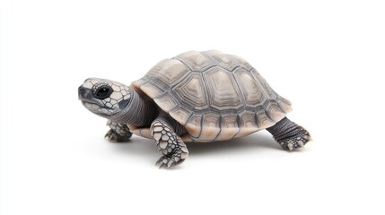 Obraz premium Gentle turtle walking on white surface close-up animal photography studio environment unique perspective