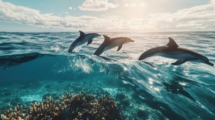 Obraz premium Three Dolphins Leaping Gracefully Over Ocean Waves