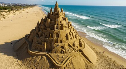 Majestic sandcastle on a sunny beach with ocean waves and clear skies in a coastal landscape