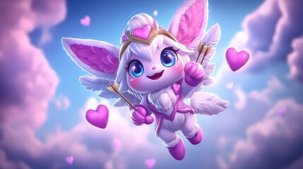 Cute flying fantasy character romantic setting digital art cloudy background whimsical perspective love theme