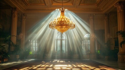 Obraz premium Stunning Grand Hall Interior with Majestic Crystal Chandelier Radiating Soft Light through Tall Windows and Illuminating Elegant Carpet and Surrounding Foliage