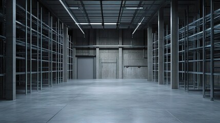Clean and Spacious Interior of Warehouse with Tall Storage Racks