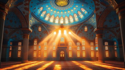 Obraz premium Stunning Interior of an Ornately Designed Mosque Bathed in Golden Sunlight with Colorful Stained Glass Windows Illuminating the Sacred Space