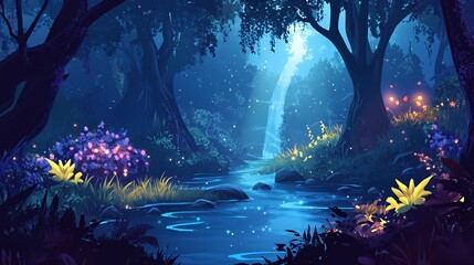 Obraz premium Enchanting Night Forest Waterfall Scene With Luminescent Flora