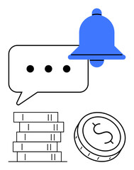 Blue notification bell, speech bubble with three dots, coin stack, dollar coin. Ideal for finance apps, savings alerts, economic messaging, budget management, financial planning investment tracking