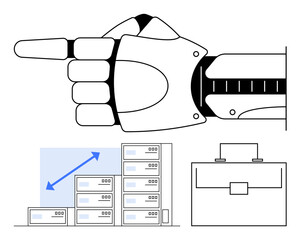 Robotic hand pointing to growing bar chart, server stacks, and briefcase. Ideal for AI, automation, innovation, business growth, technology, future leadership abstract line flat metaphor
