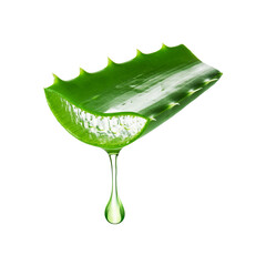Aloe vera gel fall from green aloe vera leaf on transparent background