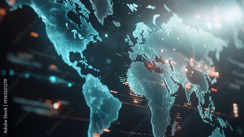 Poster high-tech business background featuring world map in digital style