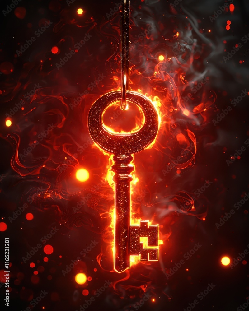 Poster fiery key unlocking secrets in a dark background digital artwork mysterious atmosphere close-up view