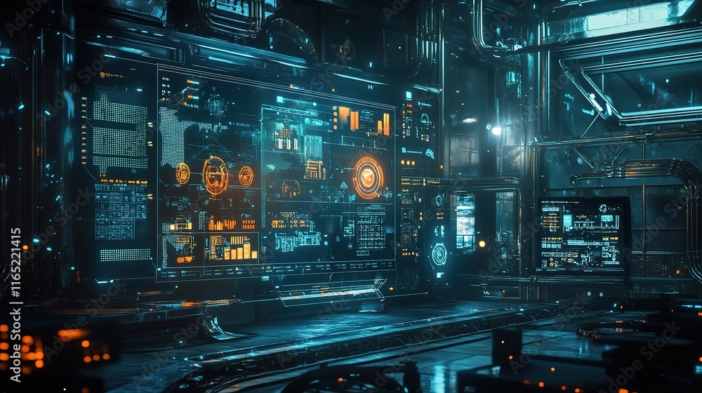 Poster futuristic technology workspace with advanced data display systems