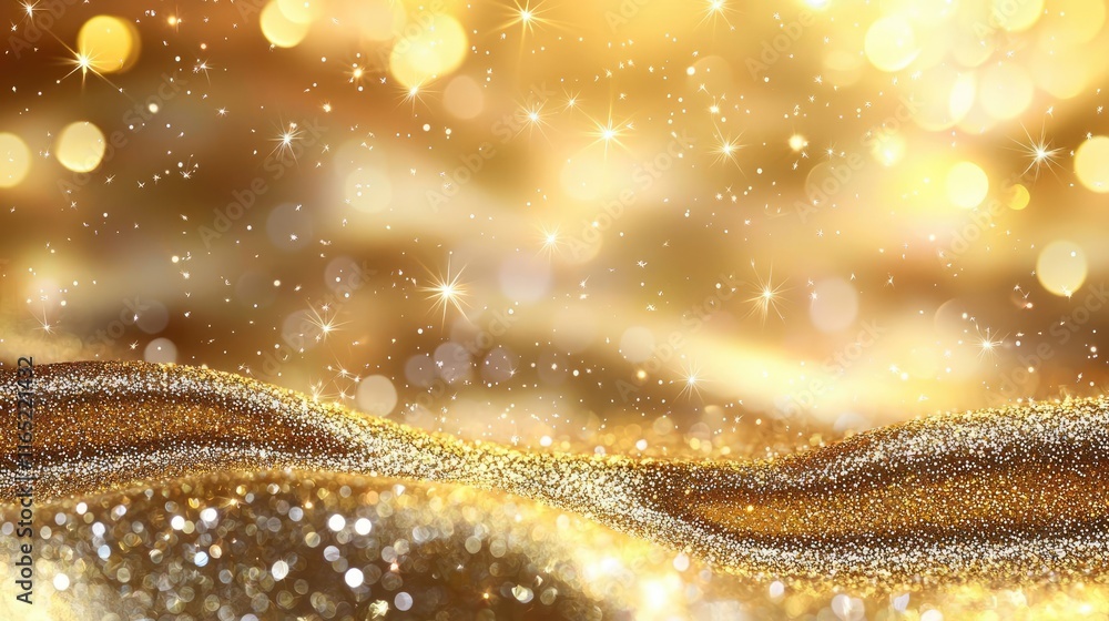 Poster sparkle abstract background idea. a shimmering golden wave with sparkling bokeh, perfect for festive