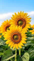 Obraz premium Bright yellow sunflowers in full bloom against a clear blue sky, showcasing their vibrant petals and intricate patterns, symbolizing summer, joy, and the beauty of nature's perfection