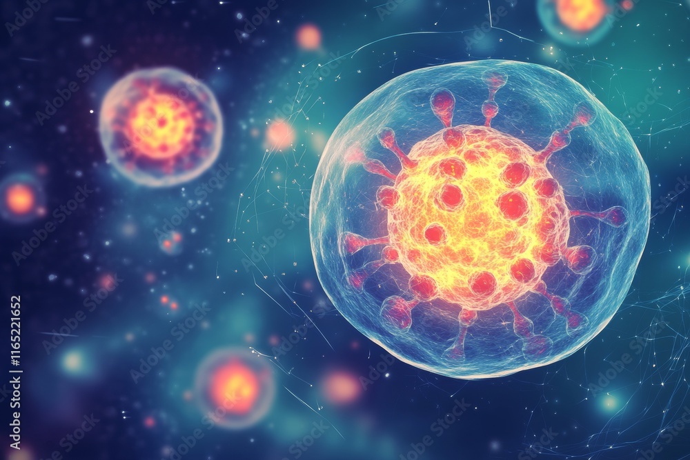 Poster microscopic view of a virus cell, detailed representation of a pathogen's structure