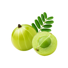 Fresh amla fruit with green leaf on transparent background