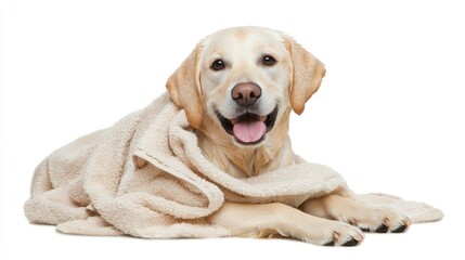 Happy labrador retriever under cozy blanket indoor setting pet photography warm home environment close-up view comfort concept