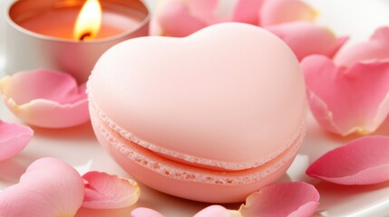 Delightful heart-shaped macaron dessert cozy dining setting gourmet food photography romantic atmosphere close-up view sweet indulgence
