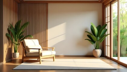 A 3D rendering of a wooden armchair and a Japanese-style partition in a tropical interior room creates a calm and welcoming atmosphere in this stock photo