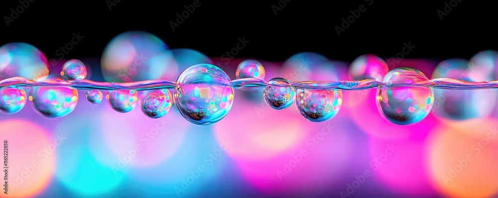 Poster droplets abstract background idea. colorful water droplets reflecting vibrant light patterns on a su
