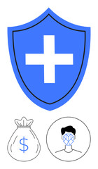 Blue shield with cross symbolizing protection, paired with a money bag and face recognition icon, emphasizing cybersecurity, financial safety, healthcare, identity, digital trust, innovation. Ideal