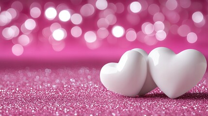 Obraz premium Romantic heart-shaped decor on glittering pink background indoor setting photography love concept